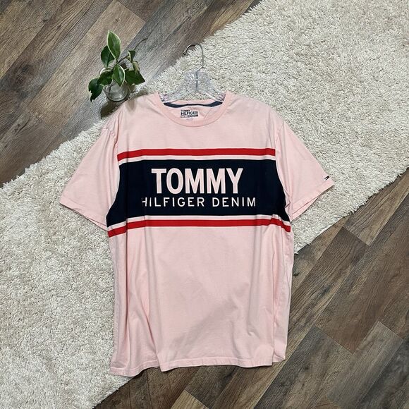 Tommy Hilfiger Size Large Men's Pink Logo Crewneck T-Shirt - Picture 1 of 4